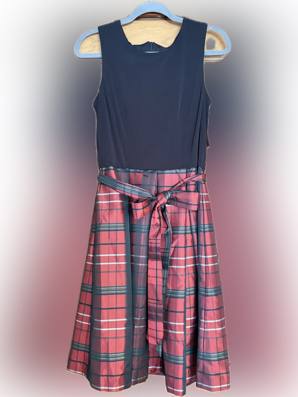 Navy and Red Plaid Sleeveless Dress with Waist Tie